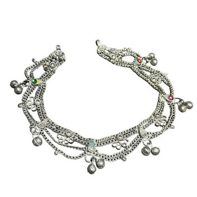 Anklet Silver Tone Multi-Strand Bell Charm Rhinestone Ethnic Boho Foot Jewelry
