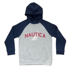 NAUTICA Boy's Large 14/16 Logo Graphic Pullover Hoodie Fleece Gray/Blue