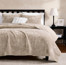 Velvet Queen Size Quilt Set - Beige Striped Pick Stitch Soft Lightweight Bedspre