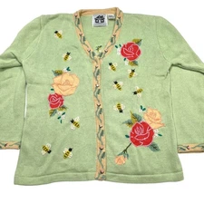 VTG Storybook Knits Bees and Flowers Cardigan Women's M Green Embroidered Bling