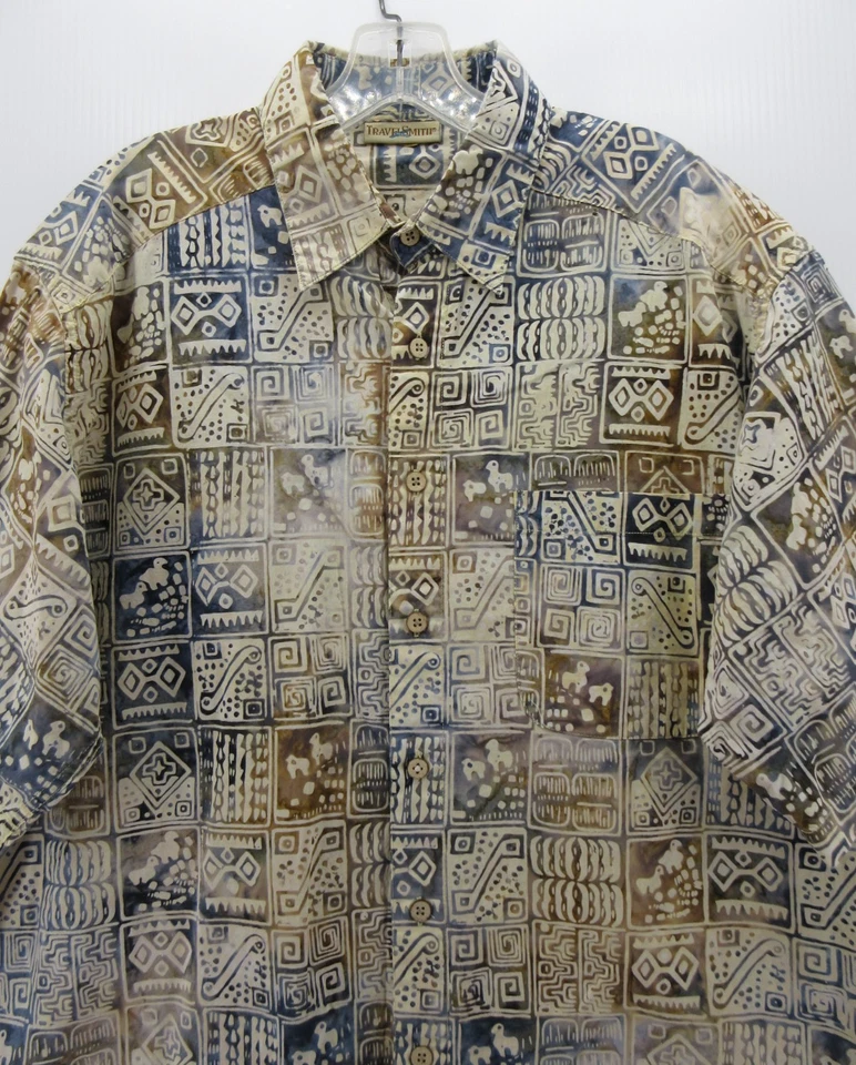 Camisa masculina vintage Travel Smith grande azul havaiana tribal asteca geométrica Y2K - Imagem 2 de 4
