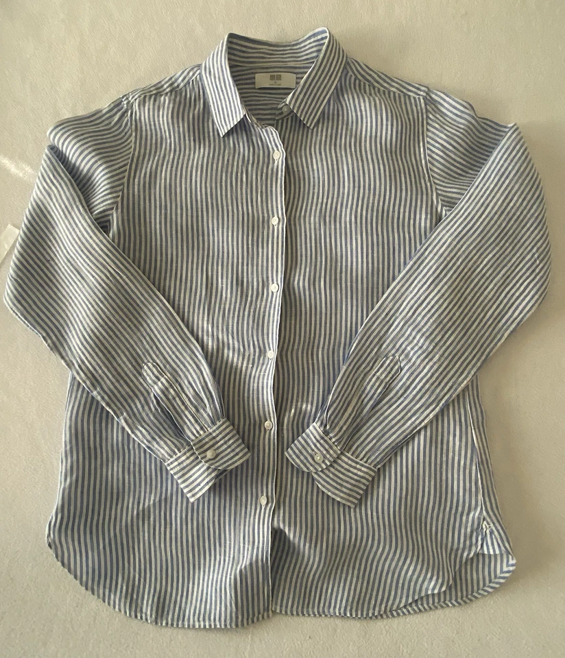 Uniqlo Shirt Men’s Medium Premium Linen Blue Striped Long Sleeve Button Front - Image 2 of 4