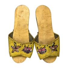 Vintage Wooden Slide Mules Beaded Vamp Folk Art Painted Sole Size 6