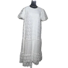POLAGRAM Womens White Lace Short Sleeve Dress Sz XL Lagenlook Bohemian Anglecore