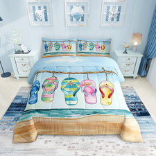 Hawaii Beach Life Comforter Set Queen, Ocean Waves Shells, 3 Pcs