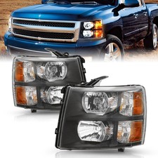 Headlight Assembly Pair Black Housing Amber Reflector 07-13 Chevy Silverado 1500