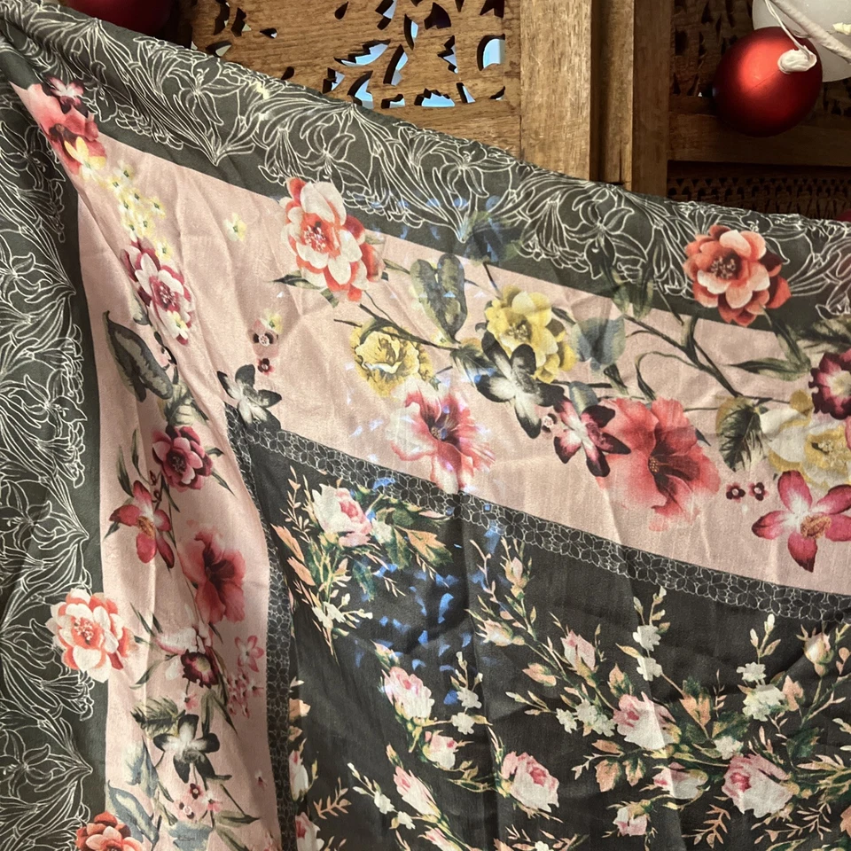 Johnny Was Silk Scarf Tassels Gray Winter Pink Floral Symmetrical Square 42x42 - Image 3 of 4