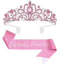 Elegant Pink Birthday Tiara  Crown with Sash for Women - 925 Sterling Silver
