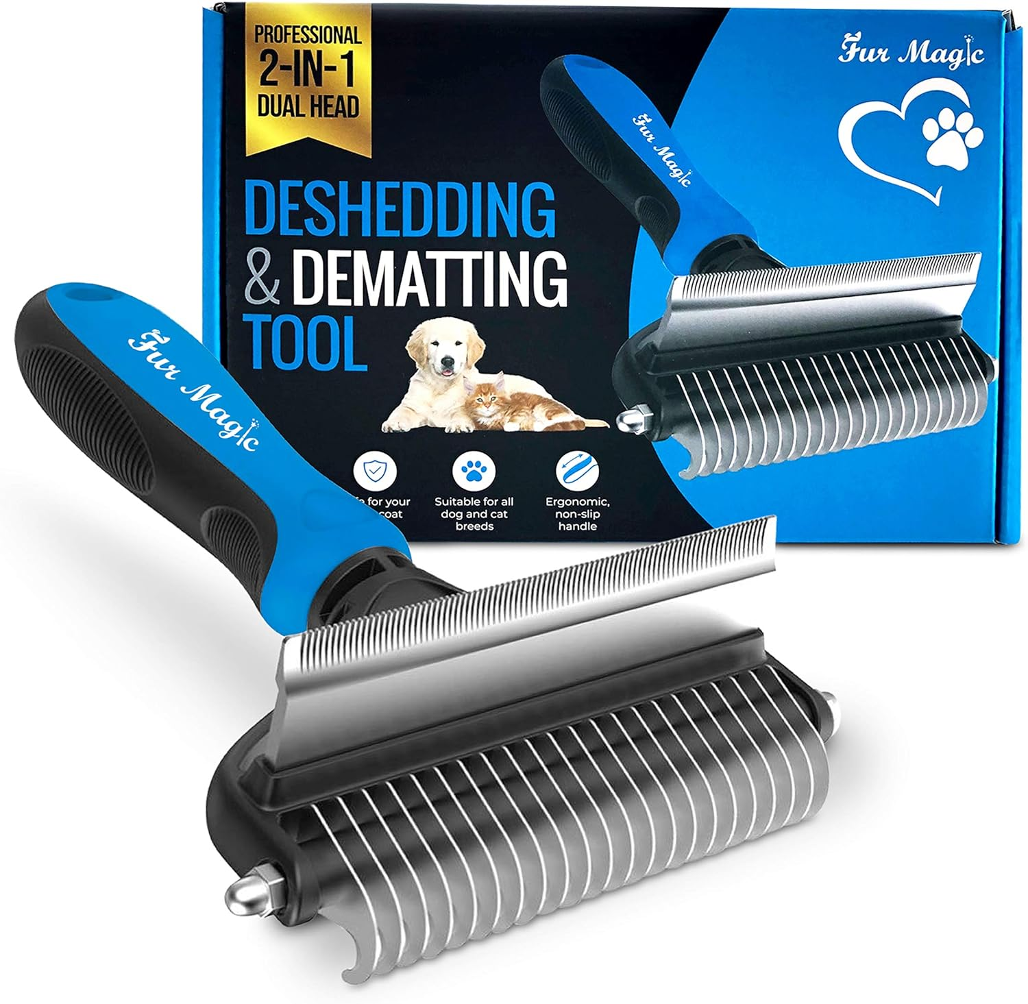 Deshedding and Dematting Tool – 2-In-1 Double-Sided Dog Grooming Brush for Long,