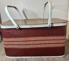Vintage Redmon Picnic Basket Hamper 1950s Woven Vinyl Hinged Wood Lid 19x12x11