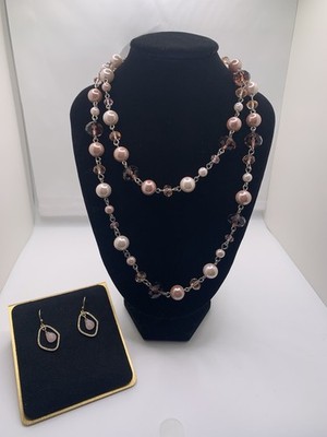 NEXT Pink Pearl Necklace & Accessorize Rose Quartz Gold Plated Earring Set