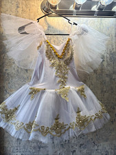 AFAVOM Girls White Ballet Tutu Dance Dress Gold Embroidery Pearl Size 9-10