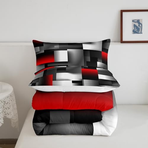  Teens Grid Square Comforter Set Size,Red White Gray Bedding Queen Black Red