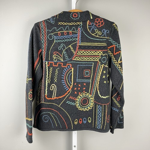 Chicos Embroidered Cardigan Sweater Size 1 Womens M/8 Gray Artsy Art to Wear VTG - Picture 6 of 7
