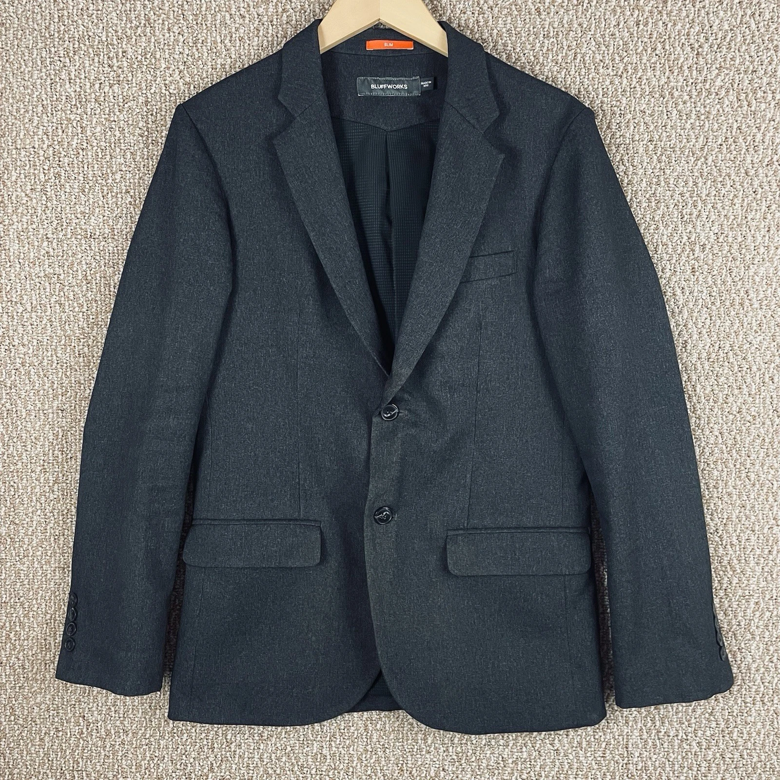 Bluffworks BW320 Stretch Blazer Jacket Men's 38R Slim Fit Charcoal Gray Made NYC