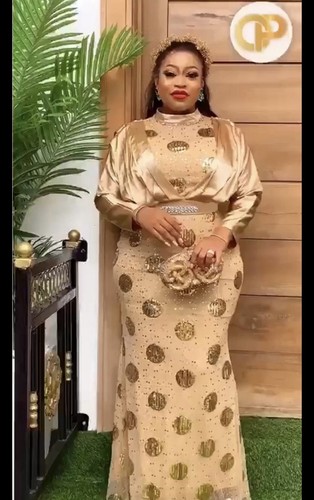 Women's Gold Polka Dot Satin Beaded Round Neck Puff Sleeve Long Maxi Dress