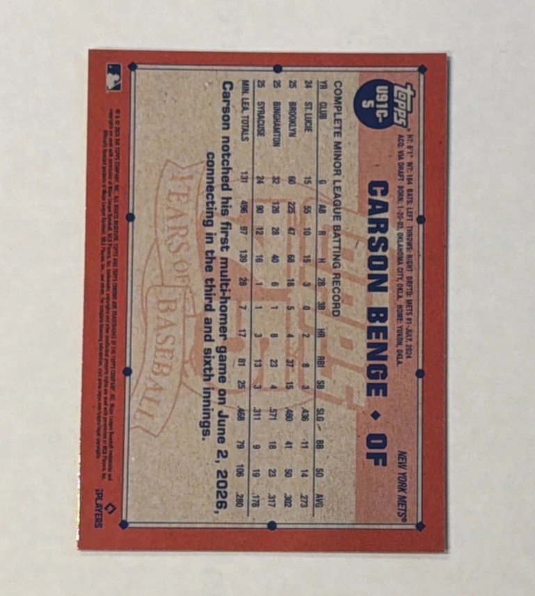Carson Benge RC 2026 Topps Actualización 1991 Topps Cromo Plata Paquete Mojo U91C-5 Mets