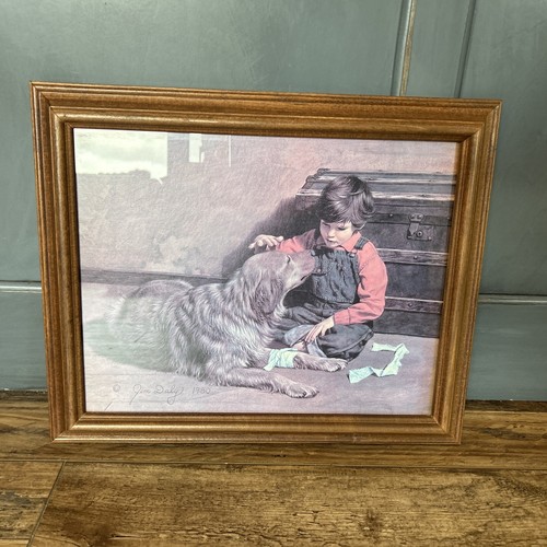 Vintage 1980 Wood Framed SIGNED JIM DALY PICTURE BOY & DOG WITH BANDAGE 17"×14" - Picture 1 of 22