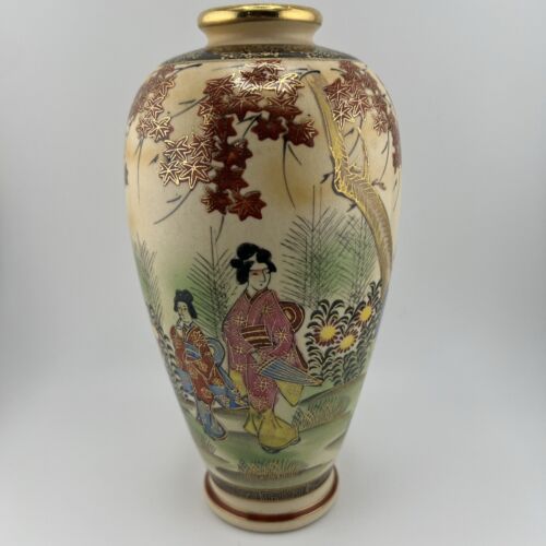 Japanese Satsuma Large Vase - 9” Gold Gilt Hand Painted - Afbeelding 1 van 12