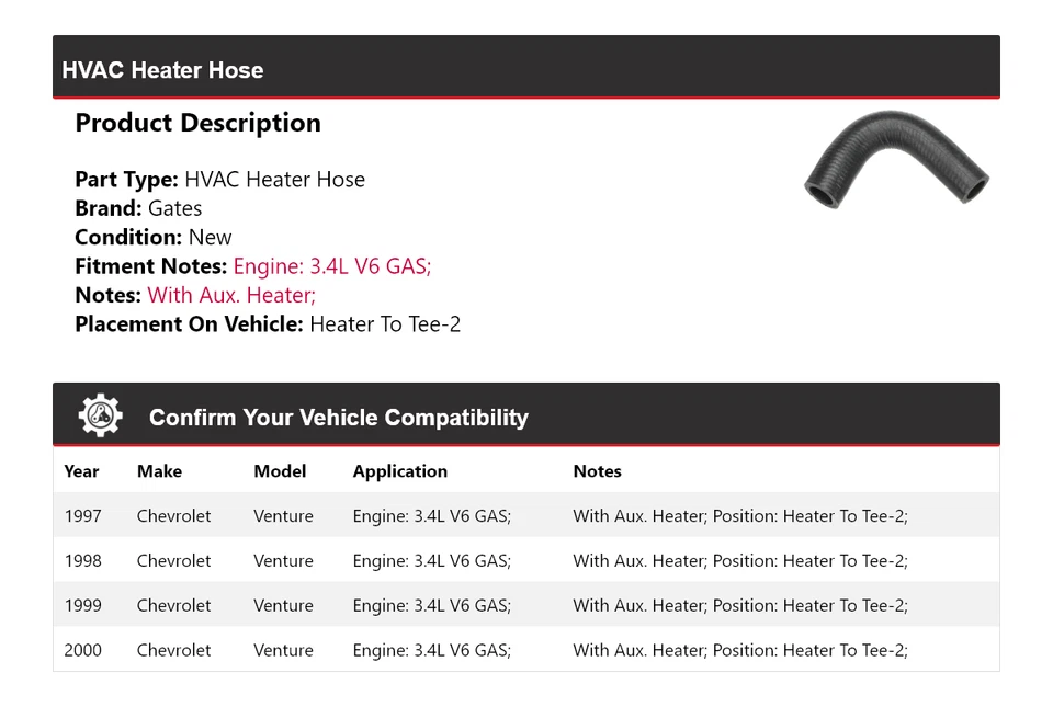 Para Chevrolet Venture 1997-2000 HVAC Calefacción Manguera Calentador A Tee-2 Puertas 1998 1999 Foto 2 de 4