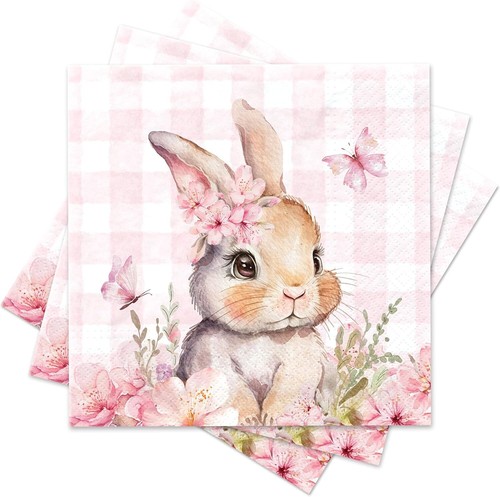 Happy Bunny Easter Paper Napkins, 3 Ply - 6.5 x 6.5 Inch, Pink Floral Butterfly - Picture 4 of 4