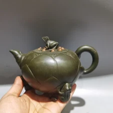 6.6" China Yixing Zisha Pottery Green Clay Lotus Flower Animal Frog Teapot