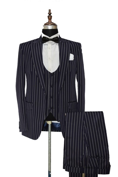 Herren Blau Stift Streifen Anzug Hochzeit BräUtigam Dinner Party (Jacke + Weste-image