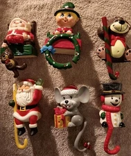 Vintage Sun Hill Plastic Stocking Hangers (6) Santa, Mouse, Teddy, Snowman, Elf