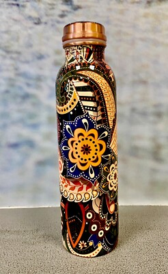 AYURVEDA REINES KUPFER FLASCHE BEDRUCKT WASSERFLASCHE YOGA GESUNDHEITLICHE VORTEILE UK VERKÄUFER