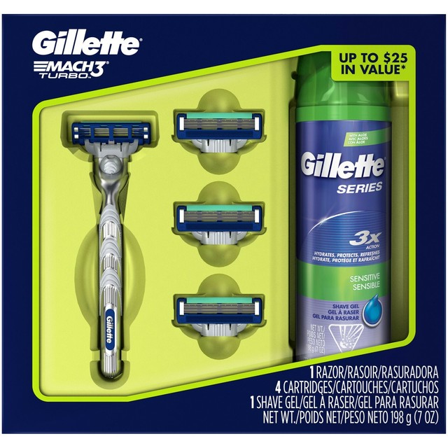 Men's Gillette Mach3 Turbo Razor Gift Set 4 Cartridges Shave GEL for
