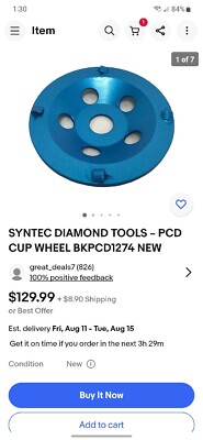 SYNTEC DIAMOND TOOLS   PCD CUP WHEEL BKPCD1274 NEW