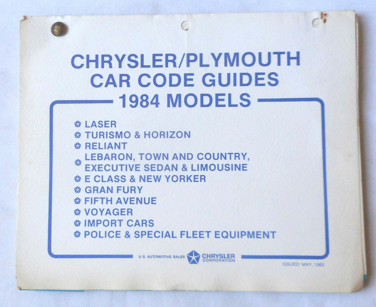 1984 CHRYSLER PLYMOUTH DEALER CAR CODE GUIDES MANUAL ORIGINAL MOPAR | eBay