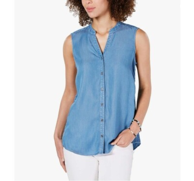 #ad Style amp; Co Womens Small Sun Wash Side Seam Button Up Sleeveless Top NWT AU37 $10.00