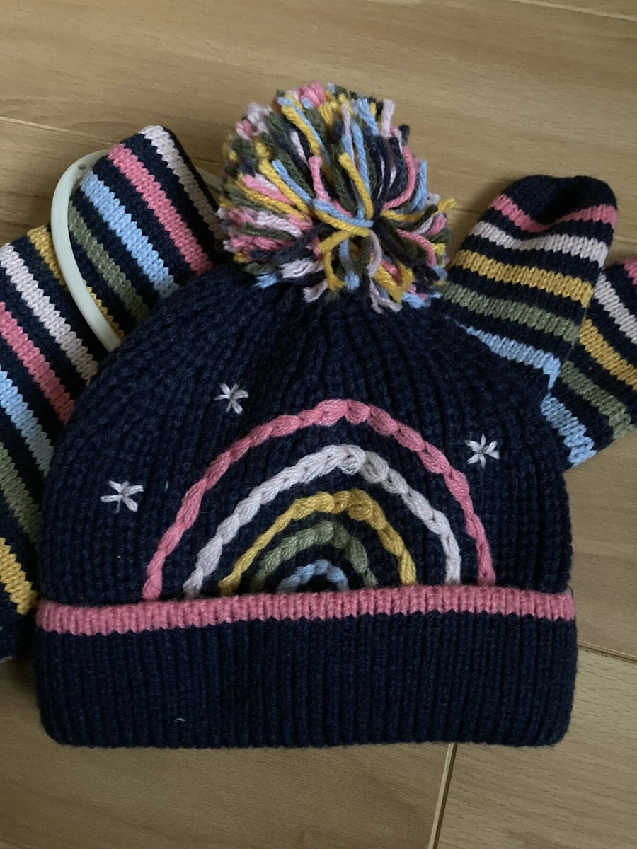 Girls next navy blue pink striped rainbow hat mittens scarf set 1 2 years NWT