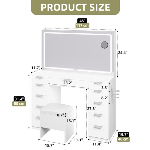 Vanity Desk Stool Makeup Table LED Light Mirror Drawers w/ Power Outlet White - Picture 2 of 13