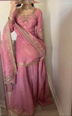 INDIAN OUTFIT Latest Collection Pink Chinon Silk Kurta Palazzo With Dupatta For Women & Girls