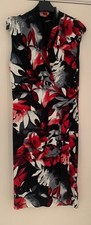 UK 16 ROMAN Black Red White Floral Sleeveless V Neck Dress P2P 19" L 44"