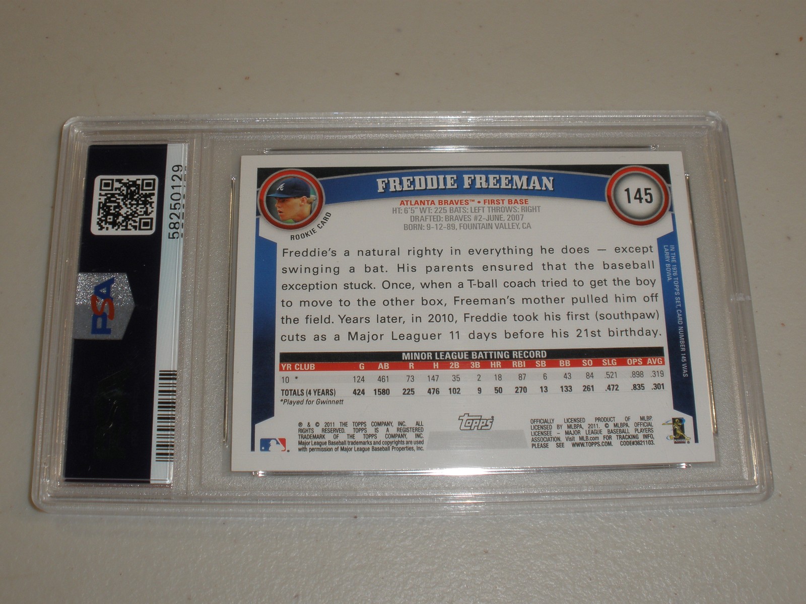 2011 Topps Baseball #145 Freddie Freeman Rookie RC PSA 10 GEM MINT view 2
