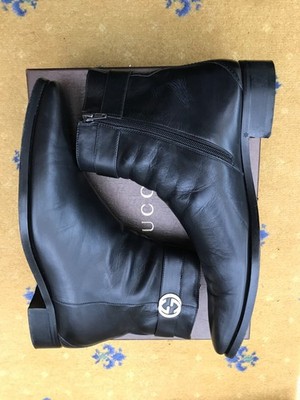 Gucci Chelsea Boots Leather Interlocking G Black Mens UK 10.5 US 11.5 EU 44.5