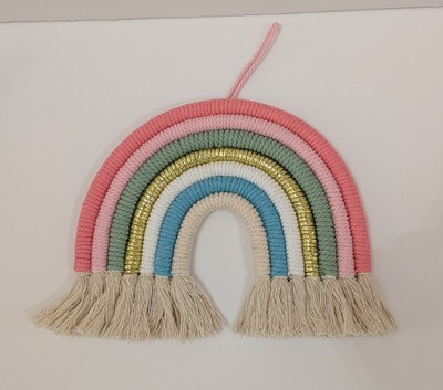 Rainbow Macrame Wall Hanging Nursery Youth Boho Pink Blue Metallic Gold Cream