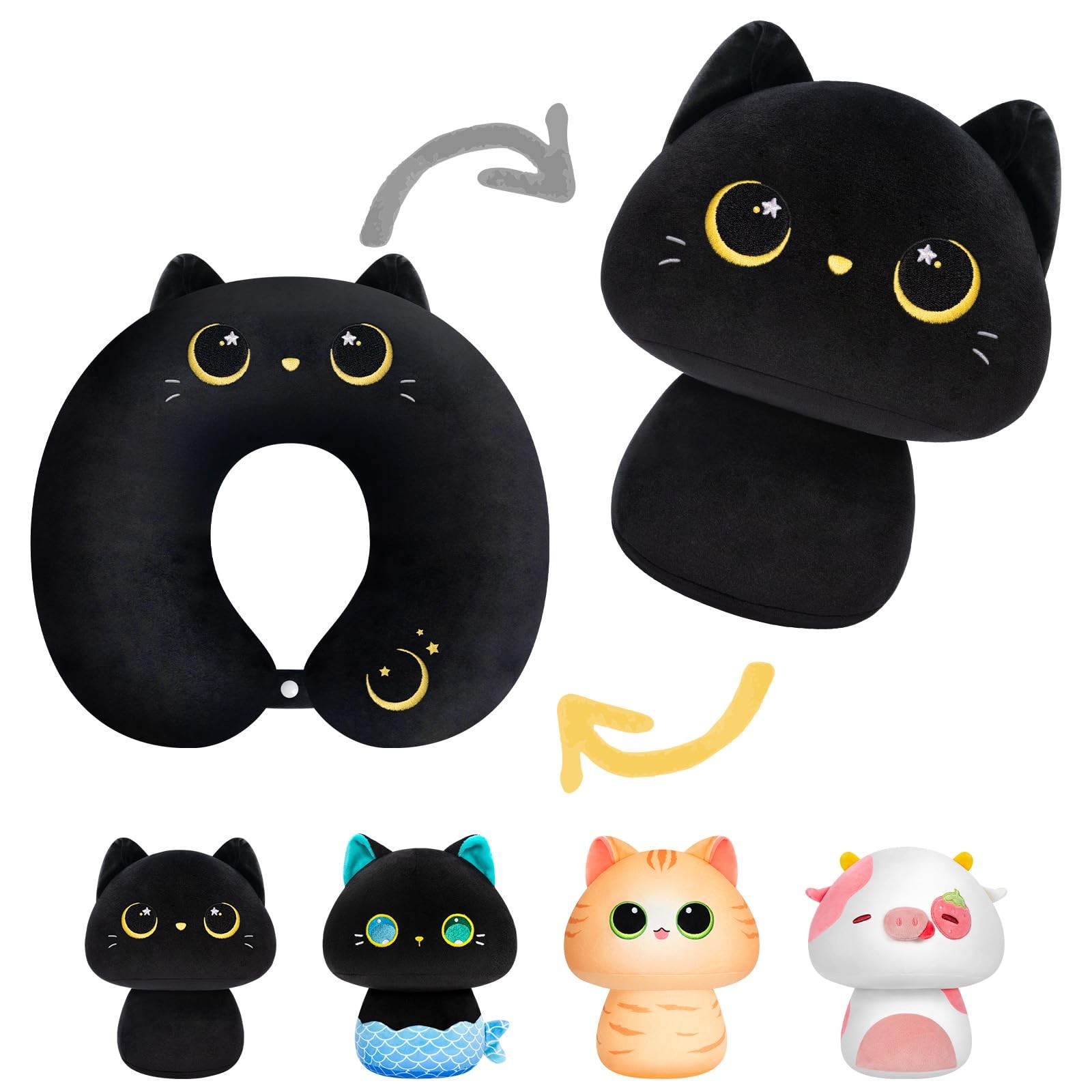 Kids Travel Pillow - 2-in-1 Black Cat Neck Pillow for Toddlers & Children, Soft Plush Support-image
