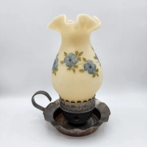 Fenton Satin Custard Hurricane Lamp w/Candle Holder Artist Jackie D