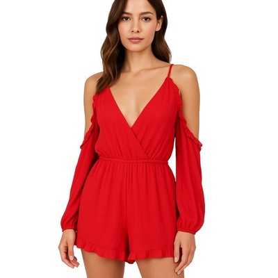 NWT Lovers + Friends Red Ruffled Boho Deep V Romper Womens Medium