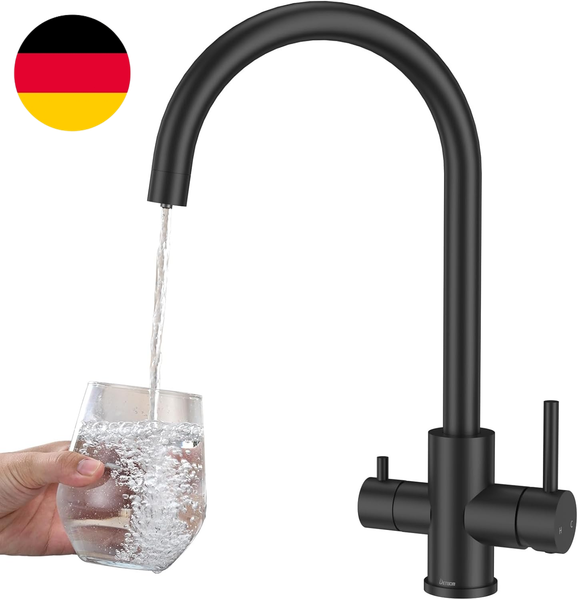 3 Wege KüChenarmatur Schwarz, Detbom Wasserhahn KüChe, Mischbatterie, 360° Drehb-image