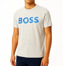 HUGO BOSS Men’s T-Shirt Grey Marl Blue Mosaic Logo Tee – New Without Tags
