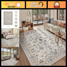 5x7 Washable Floral Boho Area Rug - Soft Non-Slip Low Pile Carpet for Bedroom, L