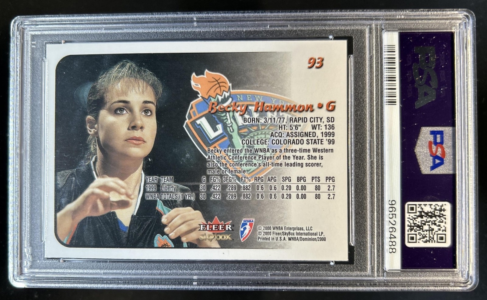 2000-01 Skybox Dominion WNBA Becky Hammon Rookie RC #93 Liberty PSA 9 view 2