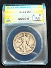1916 S WALKING LIBERTY HALF DOLLAR ANACS G 6