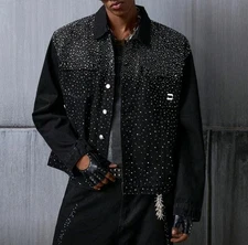 New Men Luxury Diamond Rhinestones Denim Black Jeans Jacket High Quality