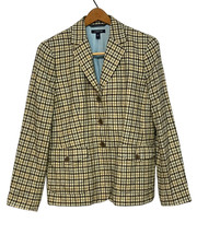 Lands' End Sz 12 Notch Collar Blazer Jacket 3 Button Front Yellow Plaid Wool